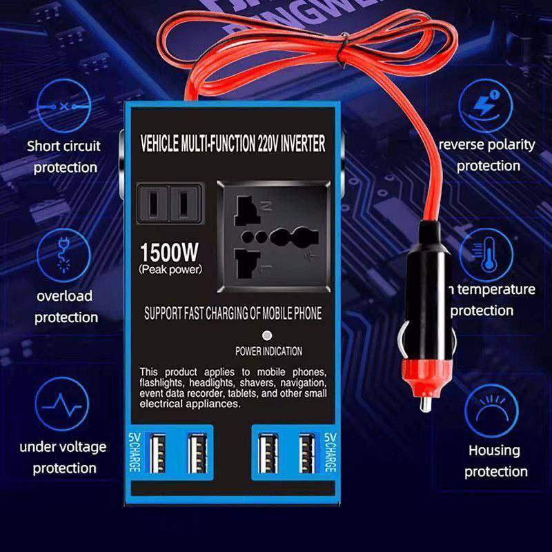 🔌 محوّل طاقة للسيارة 12V/24V إلى 110V/220V بقدرة 1500W مع شحن سريع USB – متعدد الاستخدامات 🔋🚗