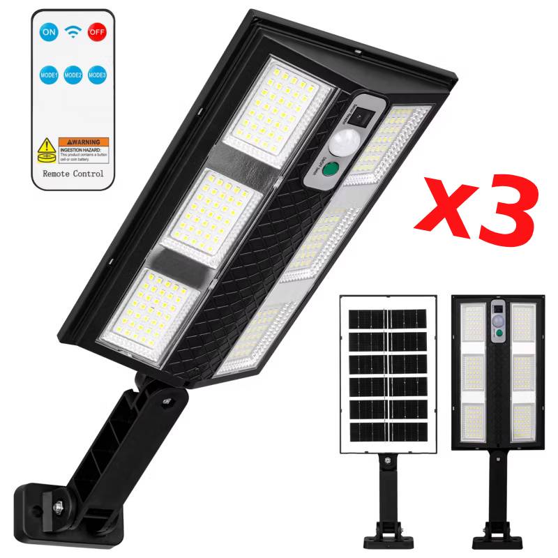 باك 3 مصابيح شارع تعمل بطاقة شمسية ومقاومة للماء مع مستشعر حركة و جهاز تحكم